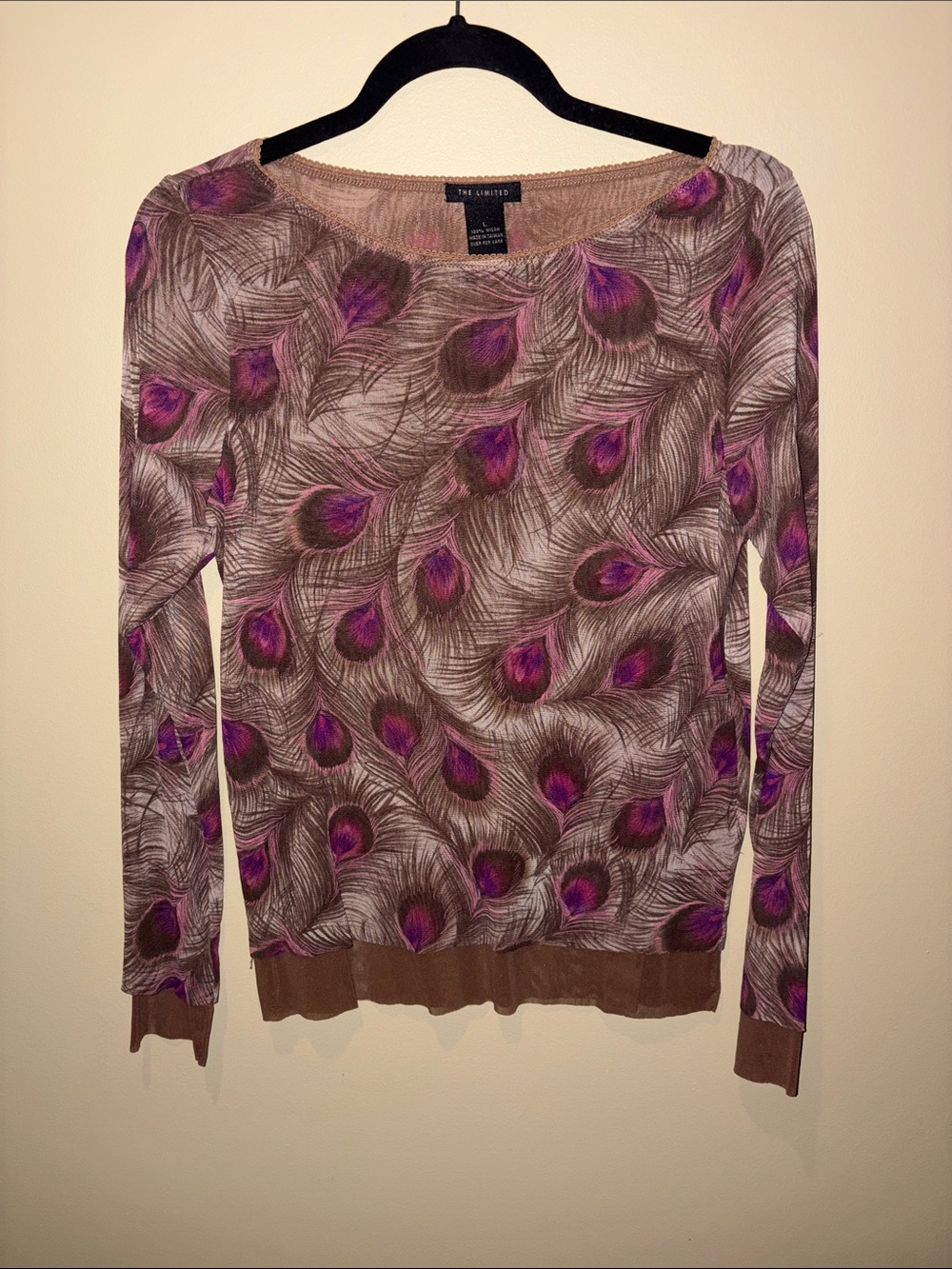 The Limited | Brown Pink Purple Top Feather Print